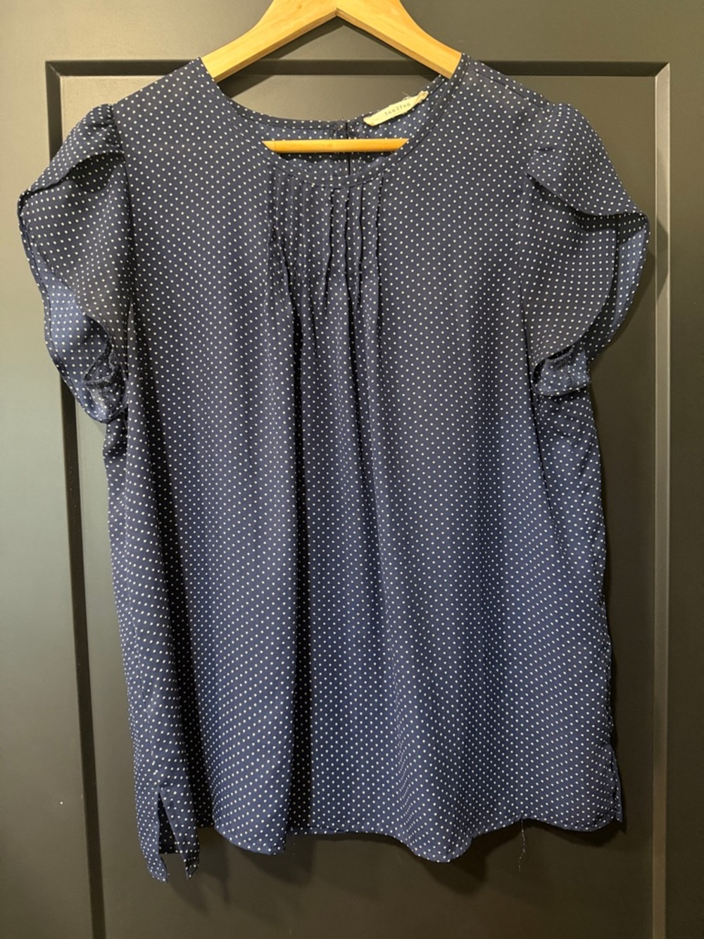 fun 2 fun Navy and White Polka Dot Flutter Sleeve Blouse